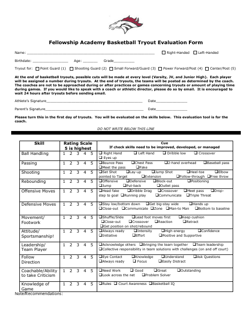 Basketball Tryout Evaluation Form - Horse Download Pdf