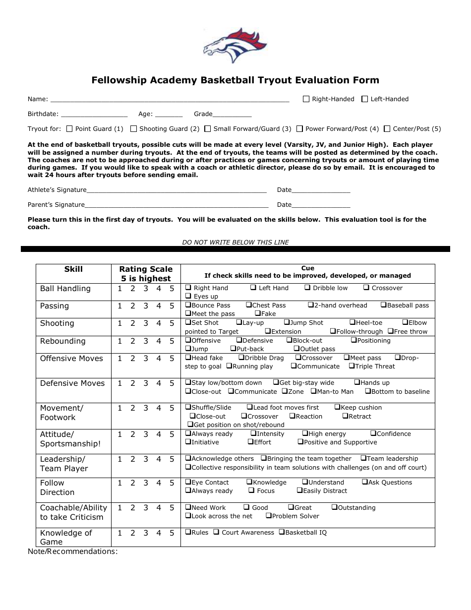 Basketball Tryout Evaluation Form Horse Download Printable PDF