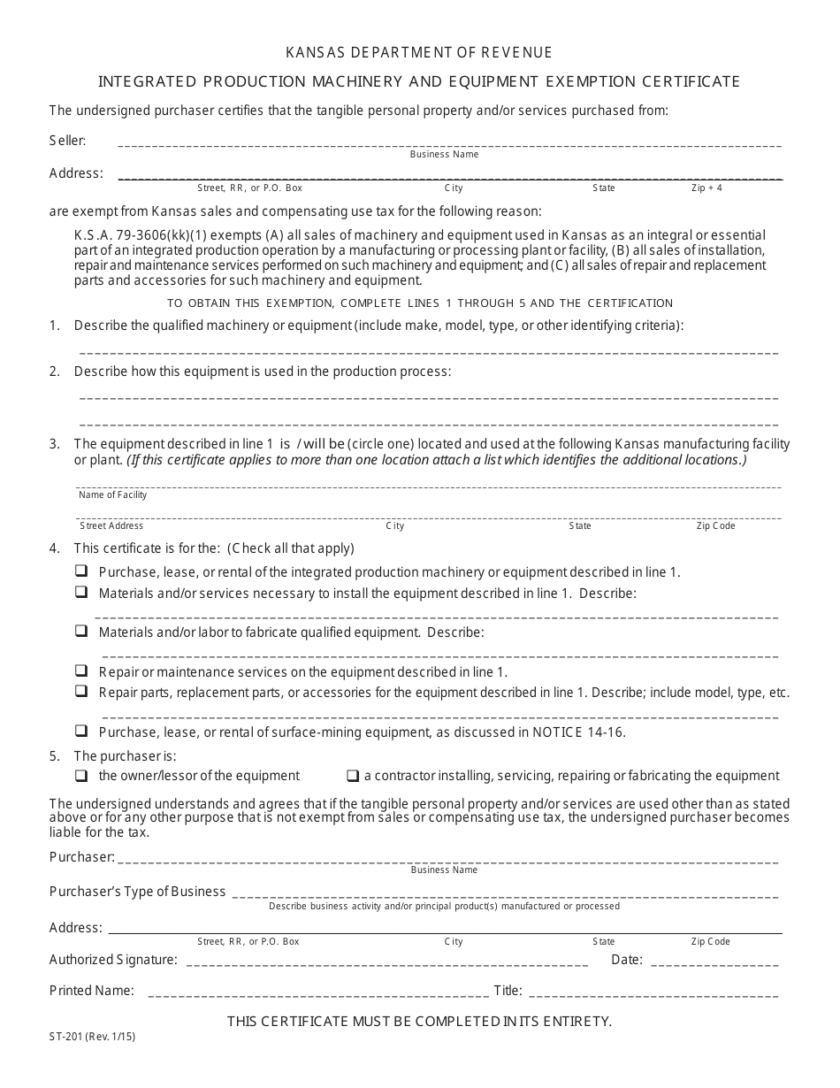 Form ST-201 Integrated Production Machinery and Equipment Exemption Certificate - Kansas, Page 1