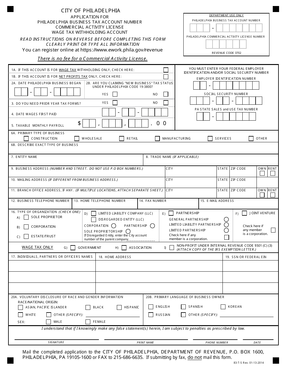 Form 83-t-5 Application for Philadelphia Business Tax Account Number, Commercial Activity License, Wage Tax Withholding Account - City of Philadelphia, Pennsylvania, Page 1