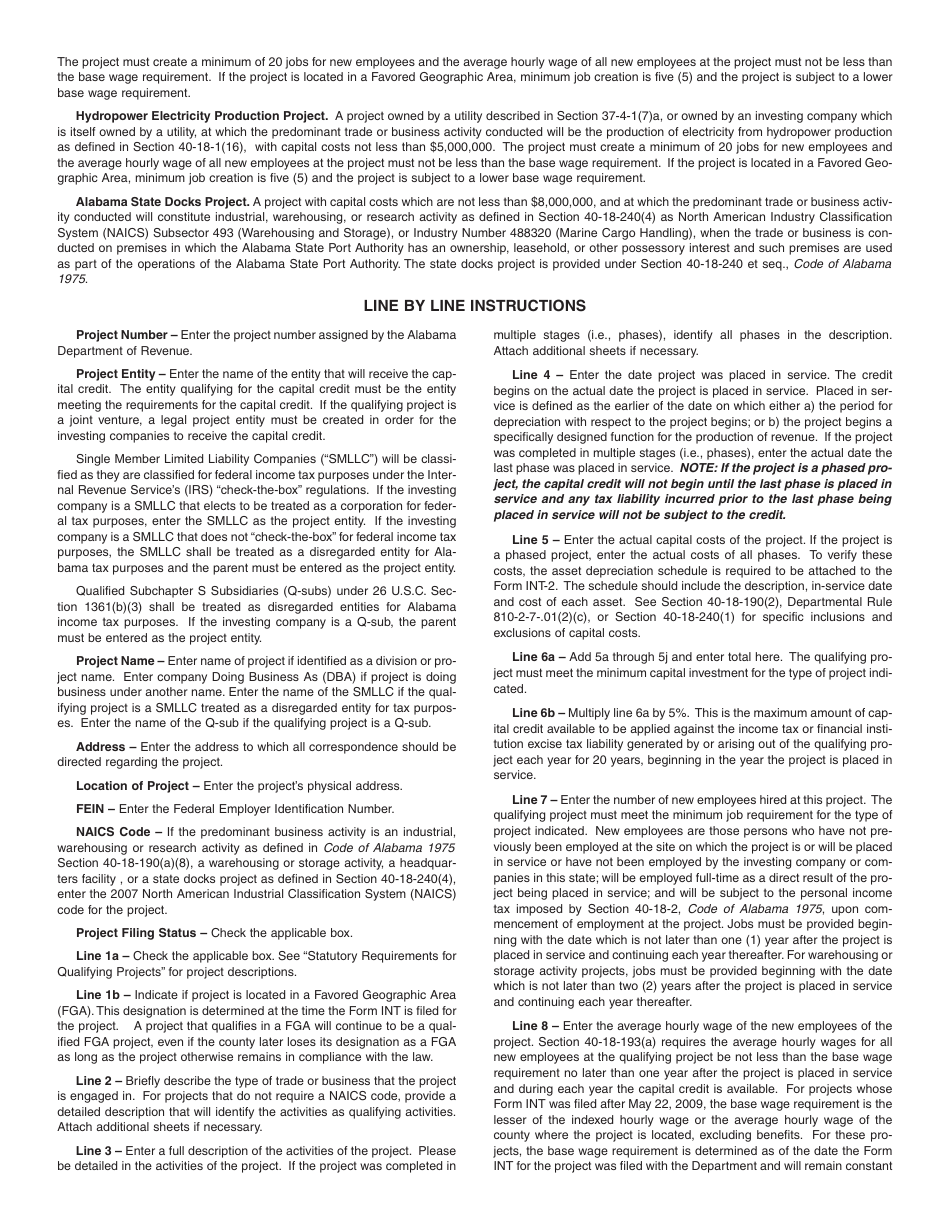 Form INT-2 Report of Investment in Project for Income Tax Capital Credit - Alabama, Page 3