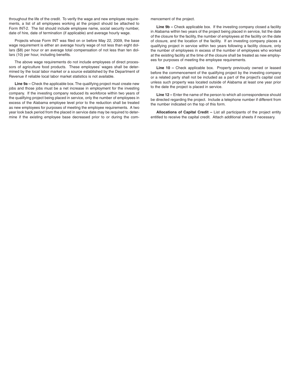 Form INT-2 Report of Investment in Project for Income Tax Capital Credit - Alabama, Page 4