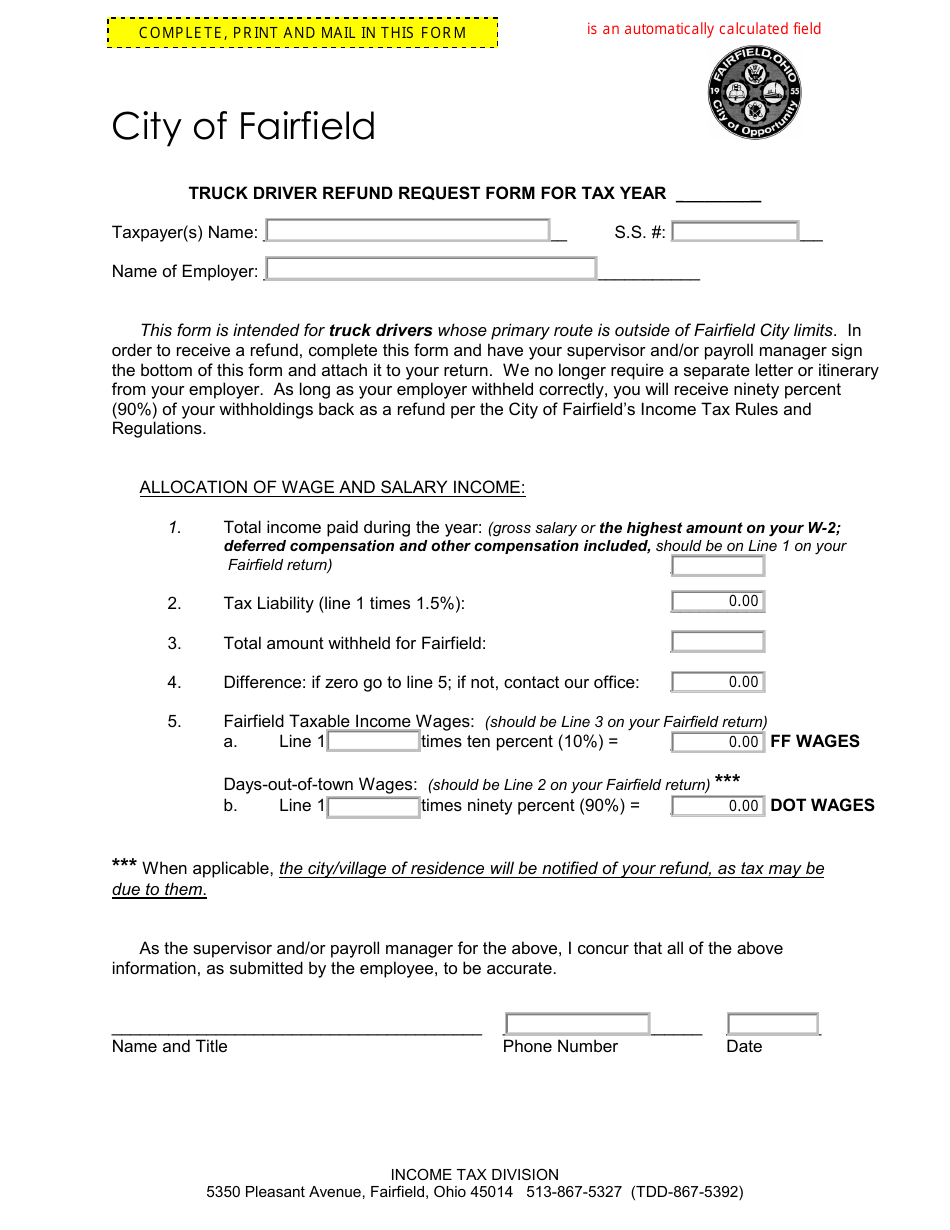Truck Driver Refund Request Form - City of Fairfield, Ohio, Page 1