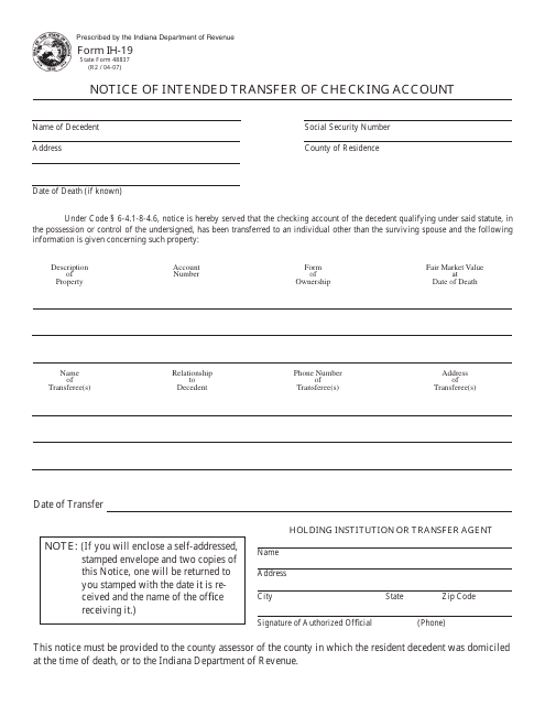 Form IH-19 (SF48837)  Printable Pdf