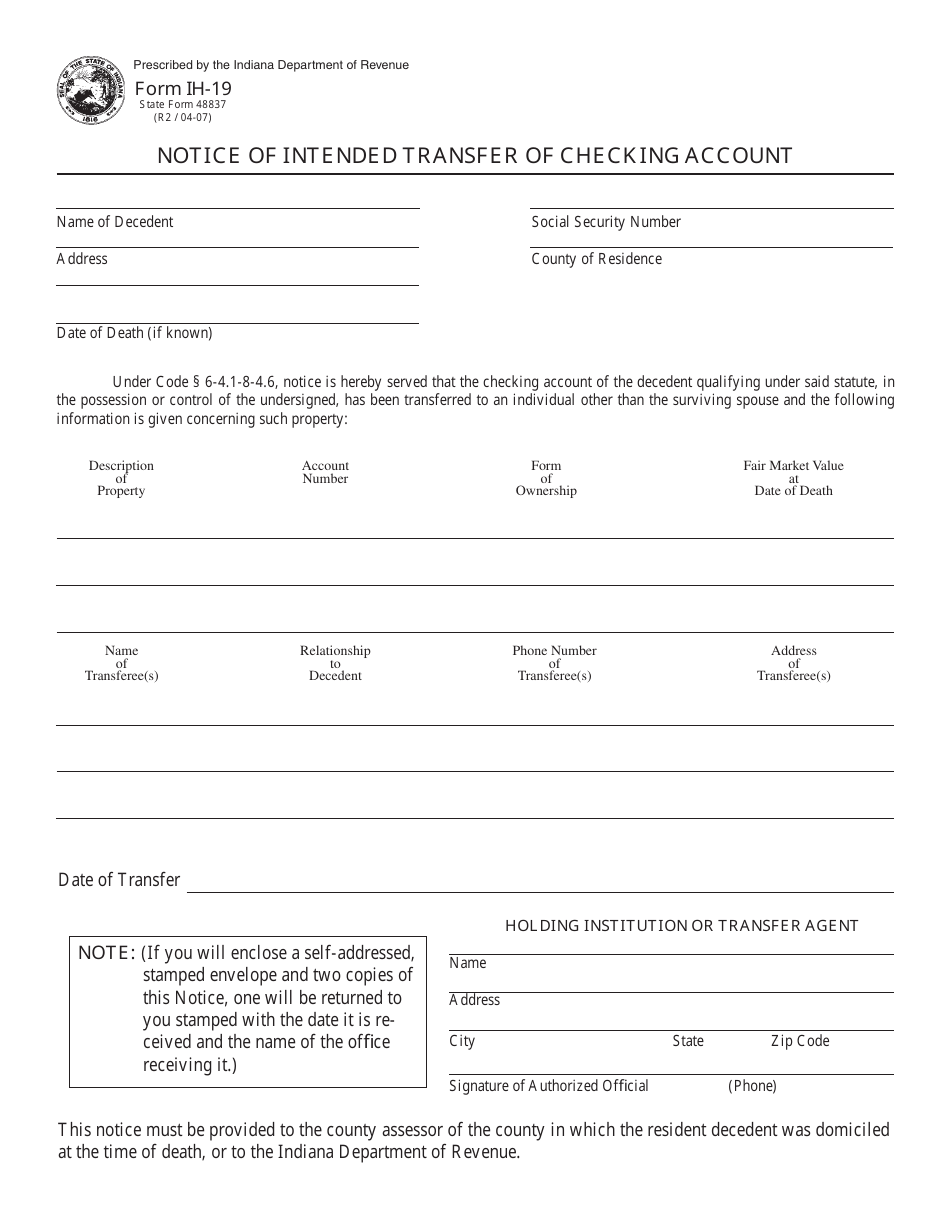Form IH-19 (SF48837) Notice of Intended Transfer of Checking Account - Indiana, Page 1