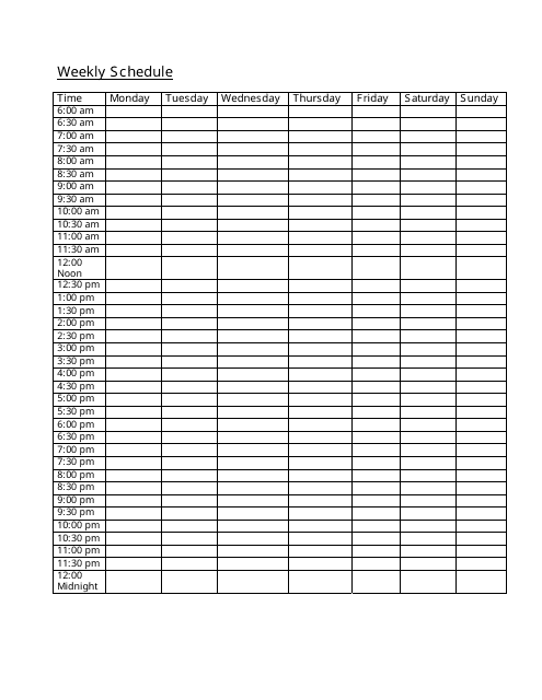 Weekly Schedule Template - Small Table