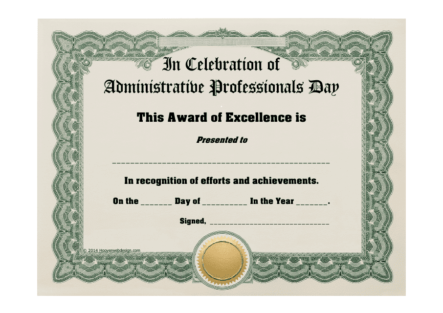 Excellence Award Certificate Template In Celebration Of Administrative Professionals Day Download Printable Pdf Templateroller
