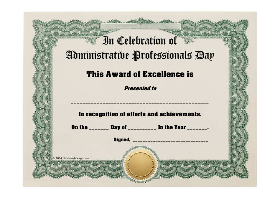 Excellence Award Certificate Template In Celebration Of Administrative Professionals Day Download Printable Pdf Templateroller