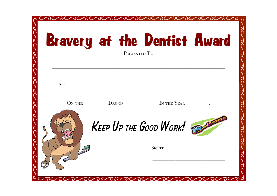 Bravery at the Dentist Award Certificate Template Download Printable