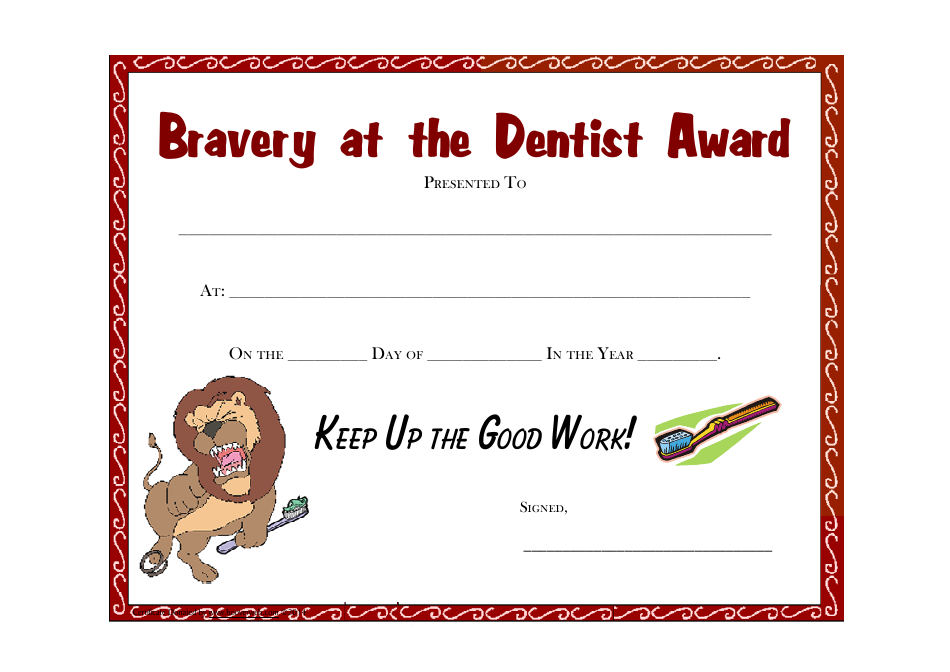 Bravery at the Dentist Award Certificate Template, Page 1