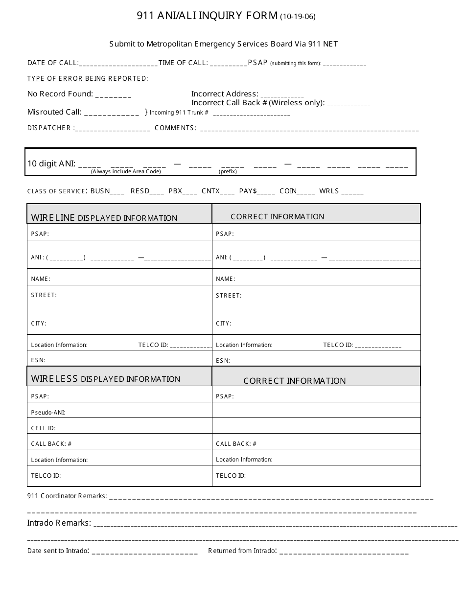 911 Ani / Ali Inquiry Form - Metropolitan Emergency Services Board, Page 1