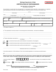 Form TR-10 &quot;Certification of Repossession&quot; - Michigan
