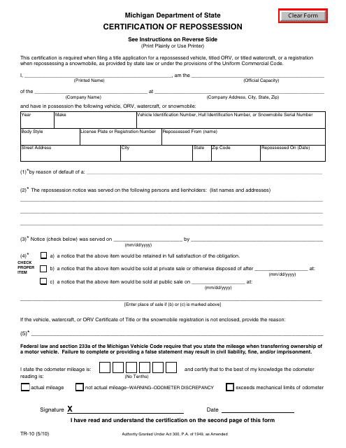 Form TR-10 Certification of Repossession - Michigan