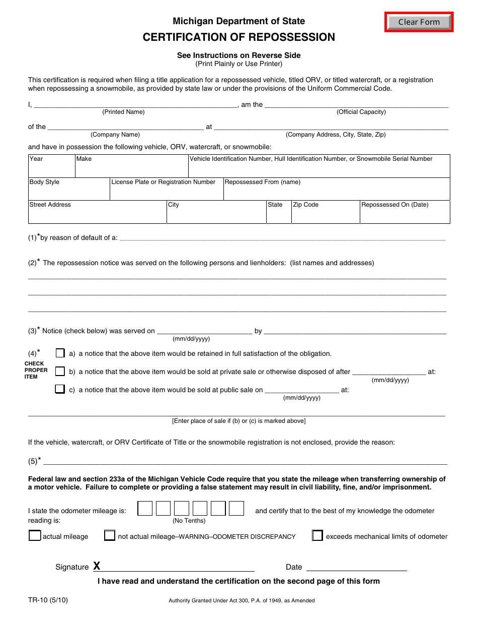 Form TR-10 Certification of Repossession - Michigan, Page 1