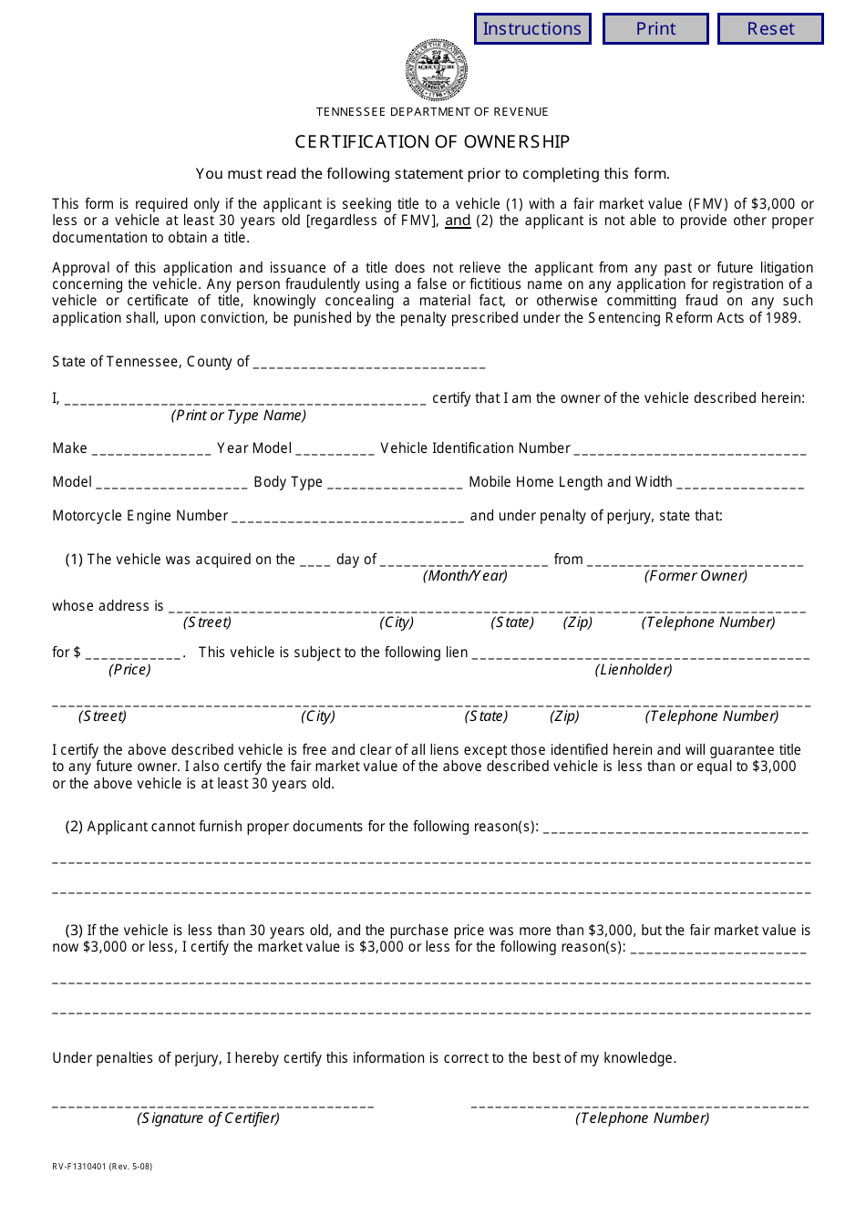 Form RV-F1310401 Certification of Ownership - Tennessee, Page 1
