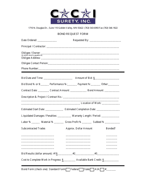 Bond Request Form - Cci Surety, Inc. Download Pdf