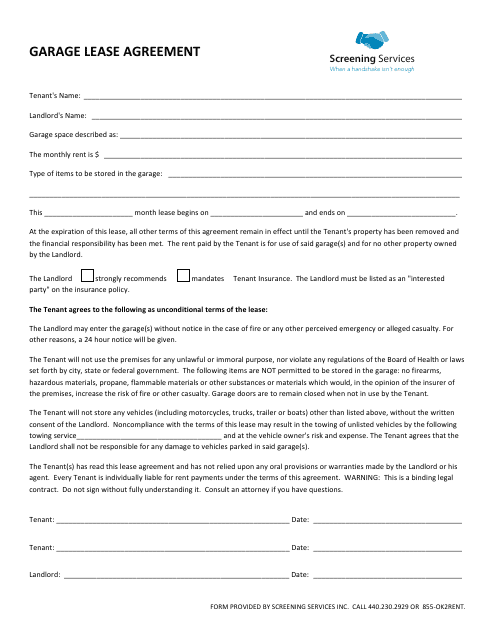 Garage Lease Agreement Form - Screening Services Inc. Download Pdf