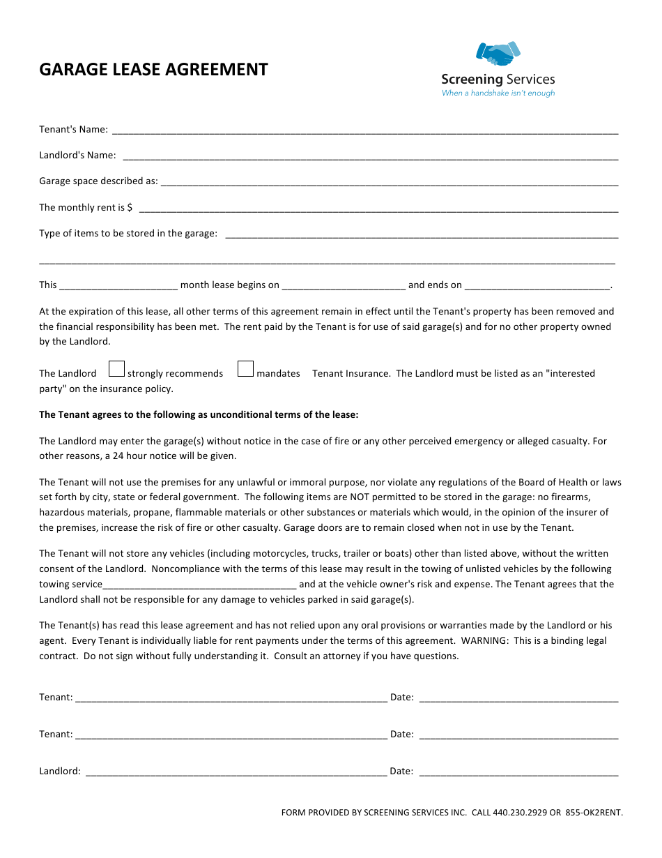 garage lease agreement form screening services inc download printable pdf templateroller