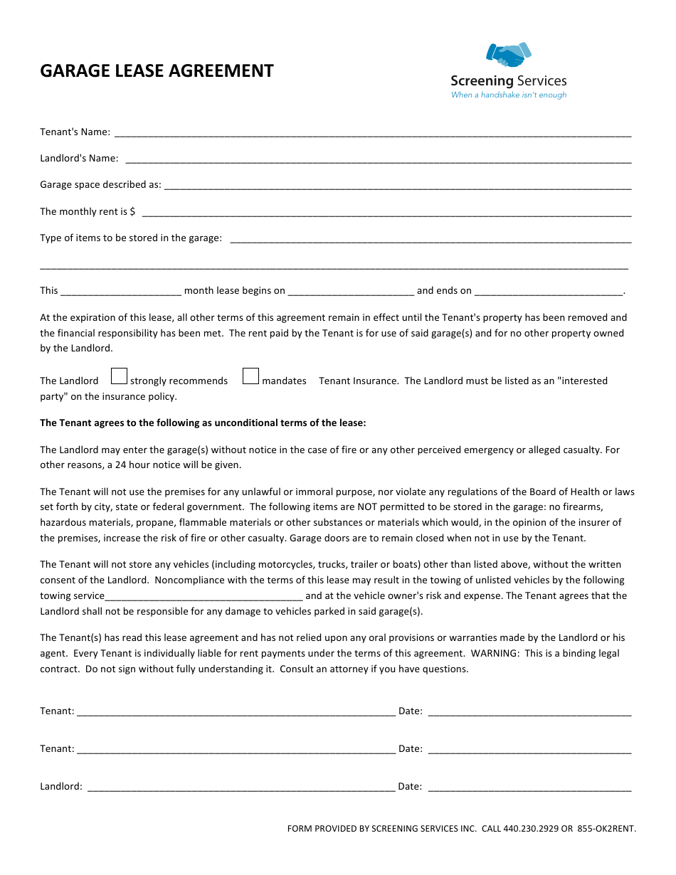 Garage Lease Agreement Form - Screening Services Inc., Page 1