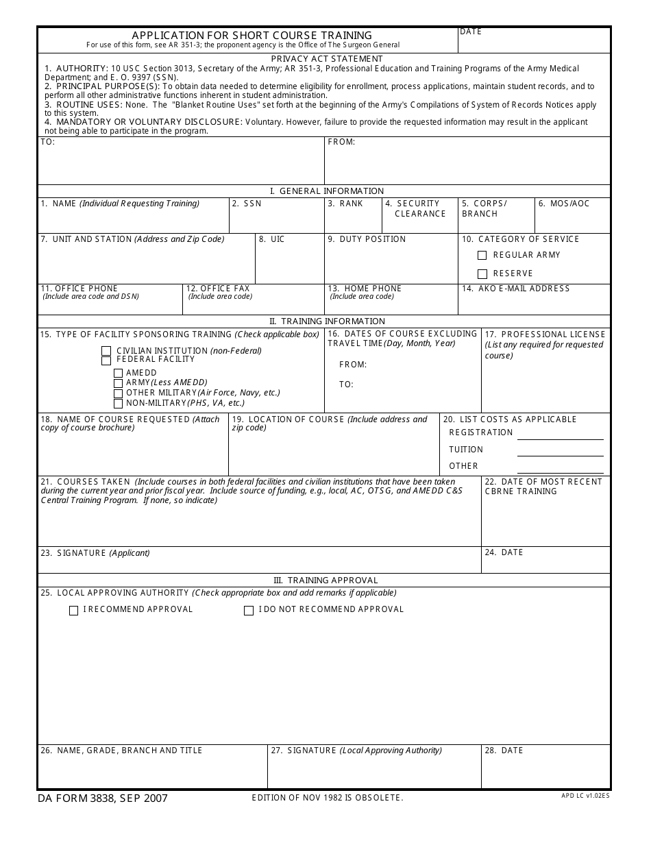 DA Form 3838 Application for Short Course Training, Page 1