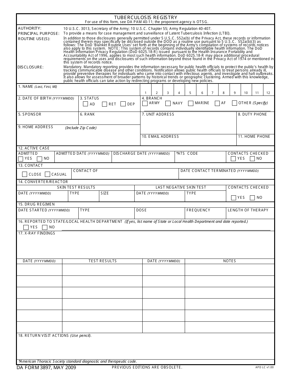 DA Form 3897 Tuberculosis Registry, Page 1