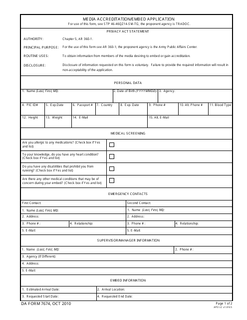 DA Form 7674  Printable Pdf