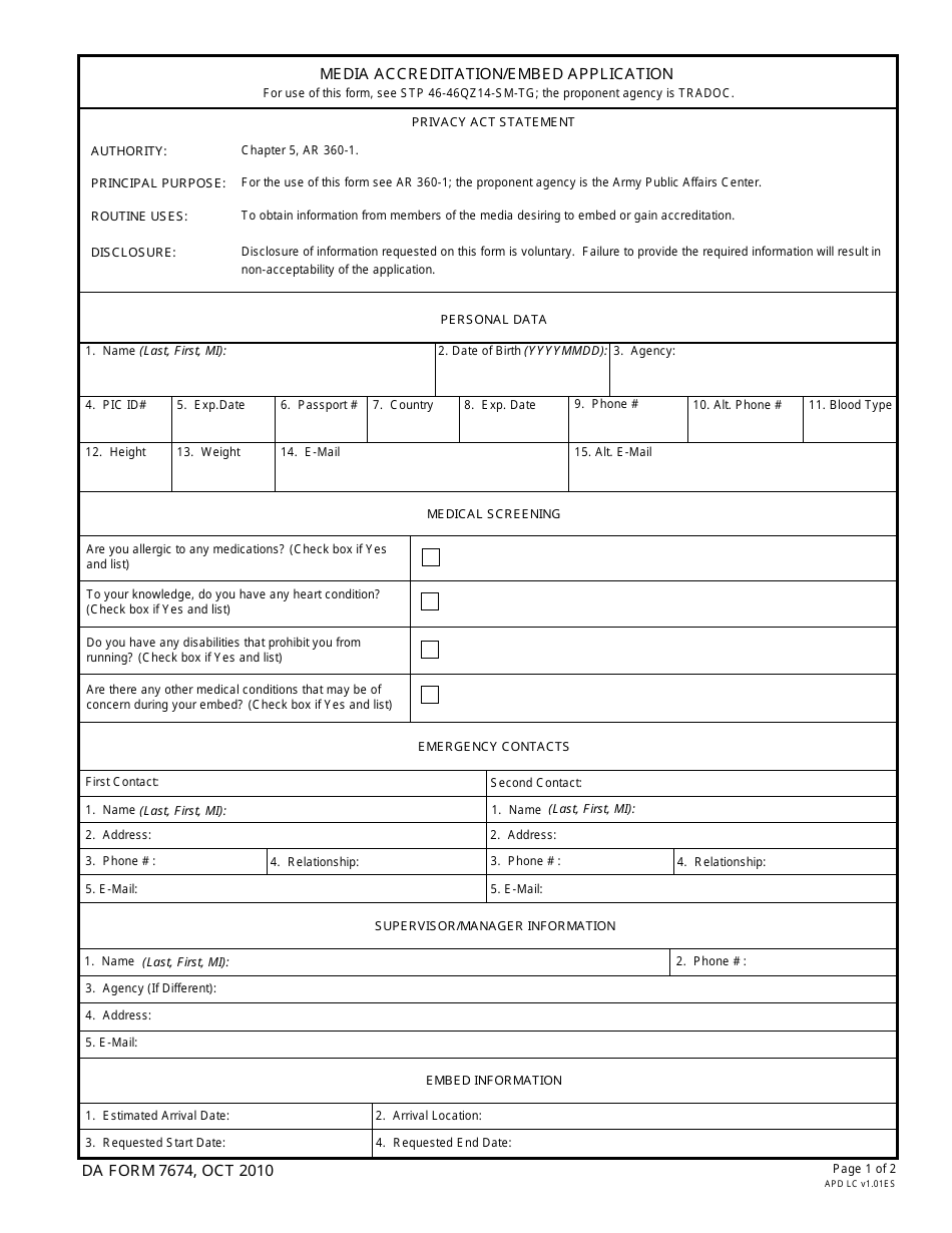 DA Form 7674 Media Accreditation / Embed Application, Page 1
