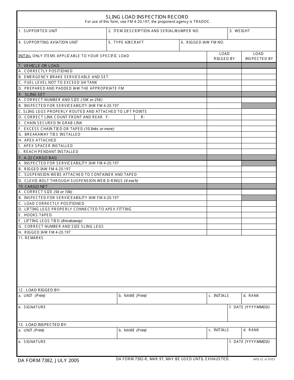 DA Form 7382 Sling Load Inspection Record, Page 1