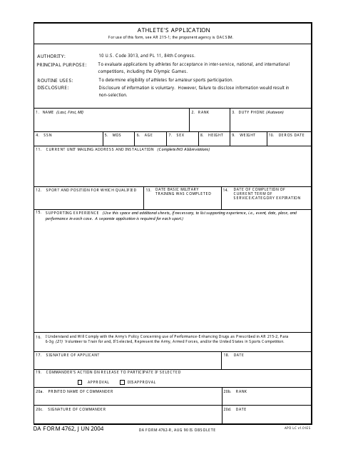 DA Form 4762 Athlete's Application