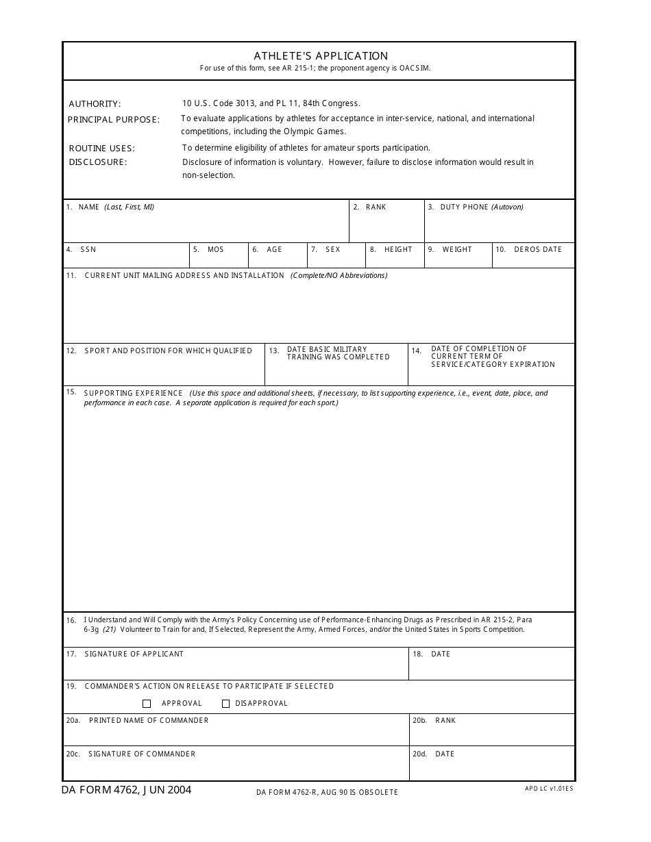 DA Form 4762 Athletes Application, Page 1