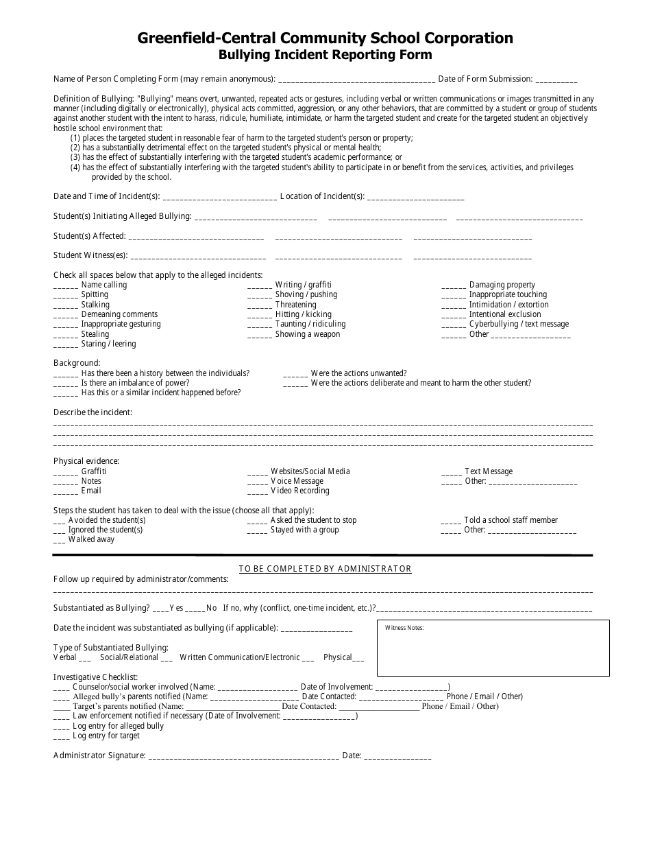 Bullying Incident Reporting Form Greenfield Central Community School Corporation Fill Out 0630