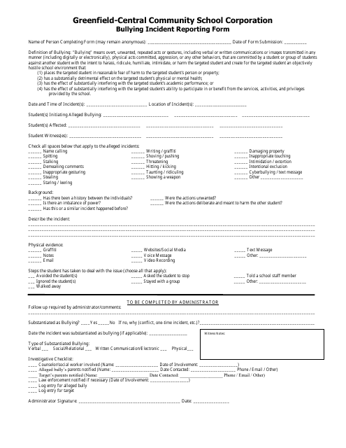 bullying incident reporting form greenfield central bully incident report form