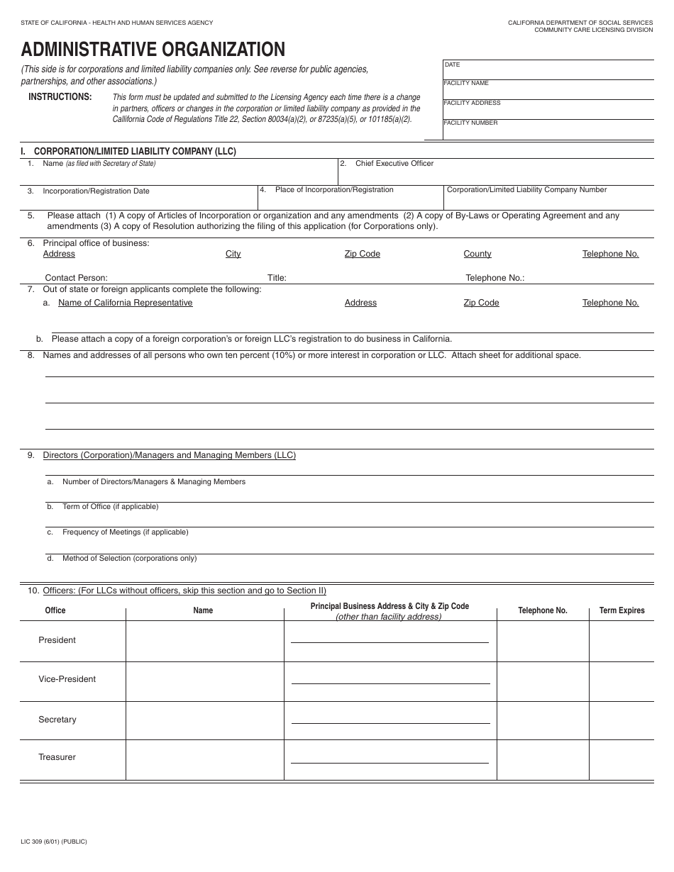 Form LIC-309 Administrative Organization - California, Page 1