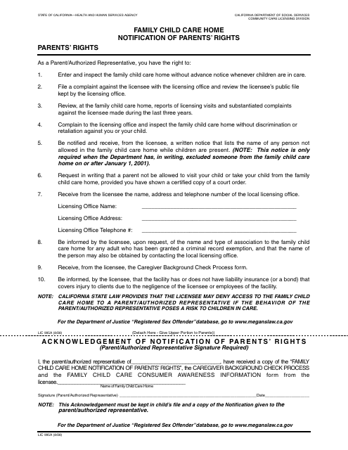 Form LIC995a Family Child Care Home Notification of Parents' Rights - California