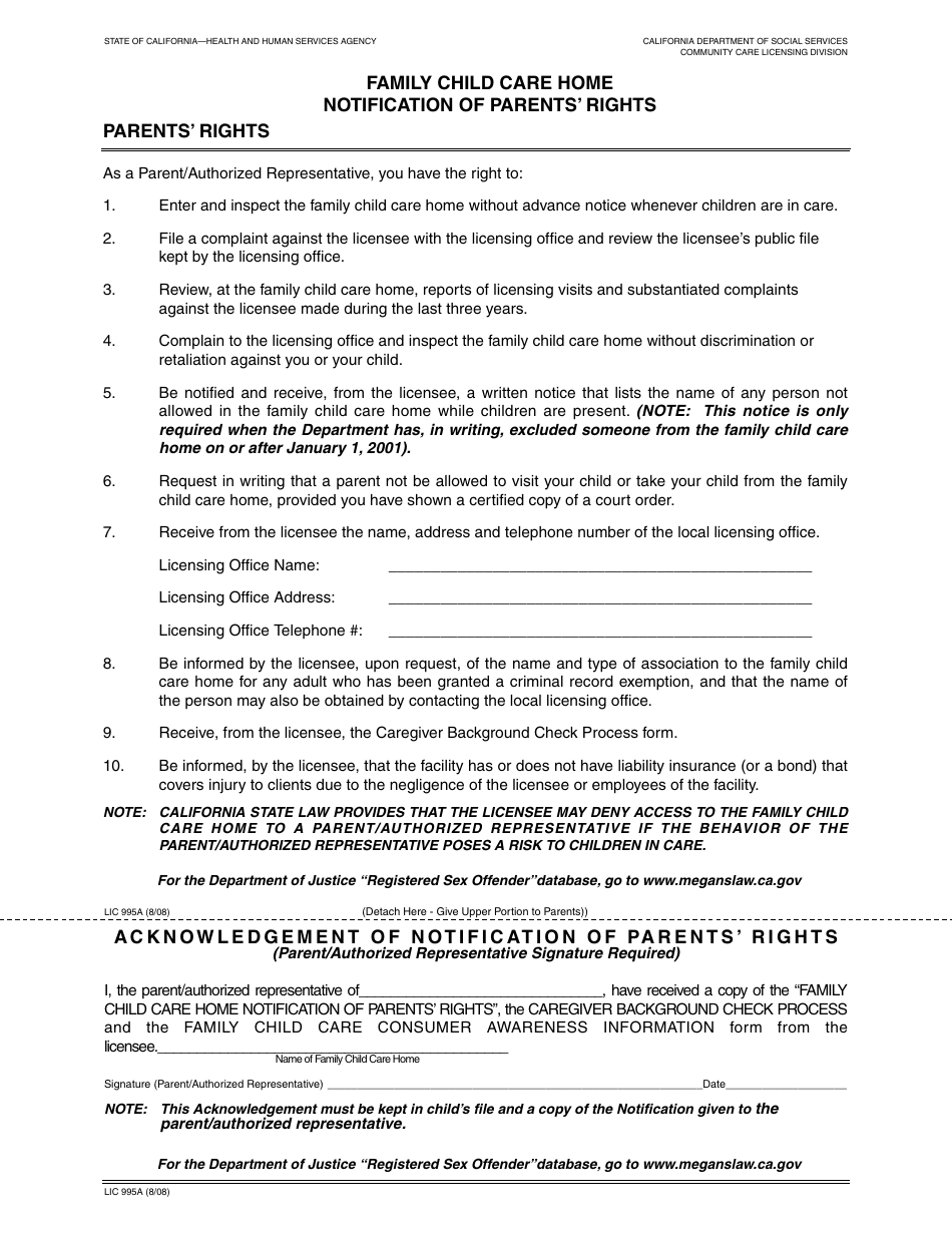 Form LIC995a Family Child Care Home Notification of Parents Rights - California, Page 1