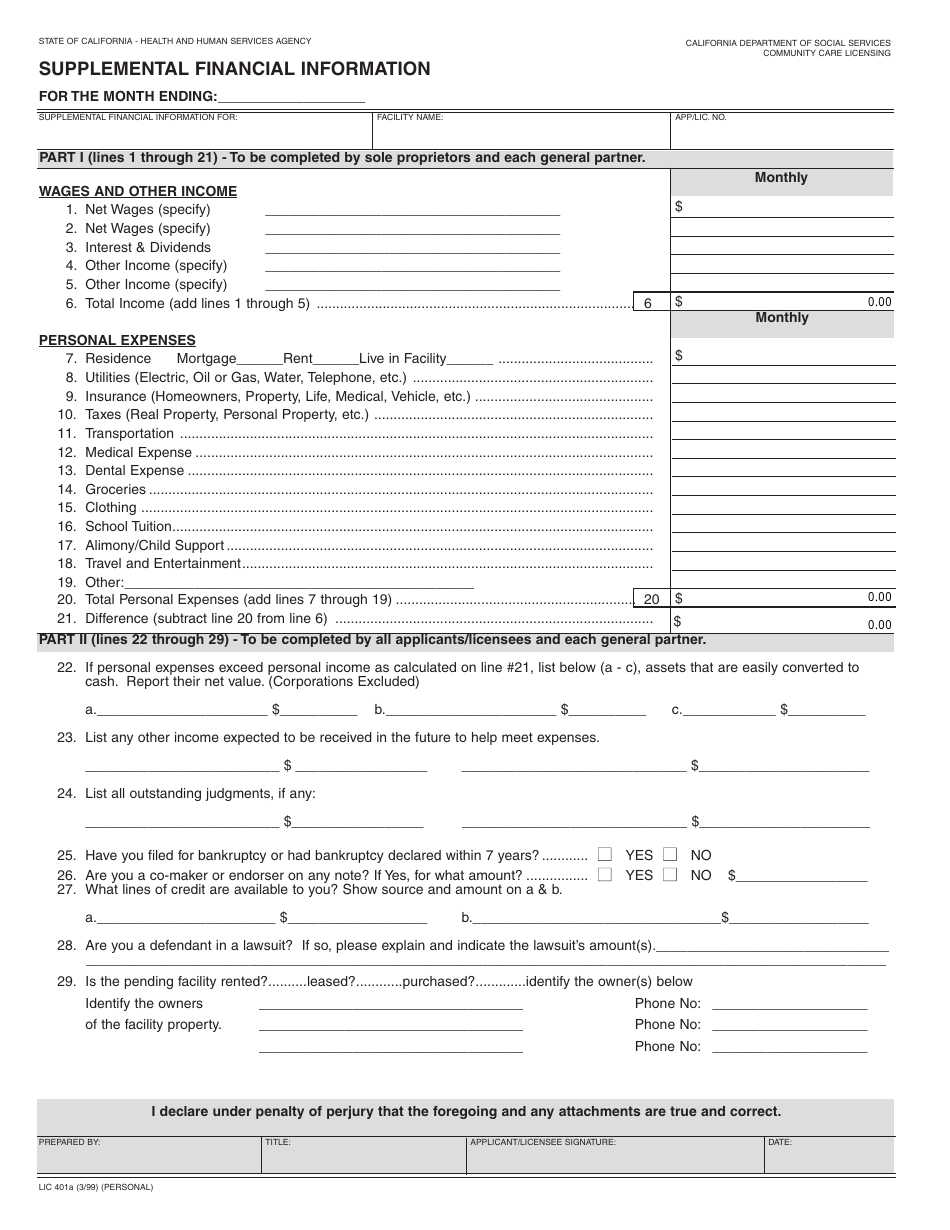 Form LIC-401a Supplemental Financial Information - California, Page 1