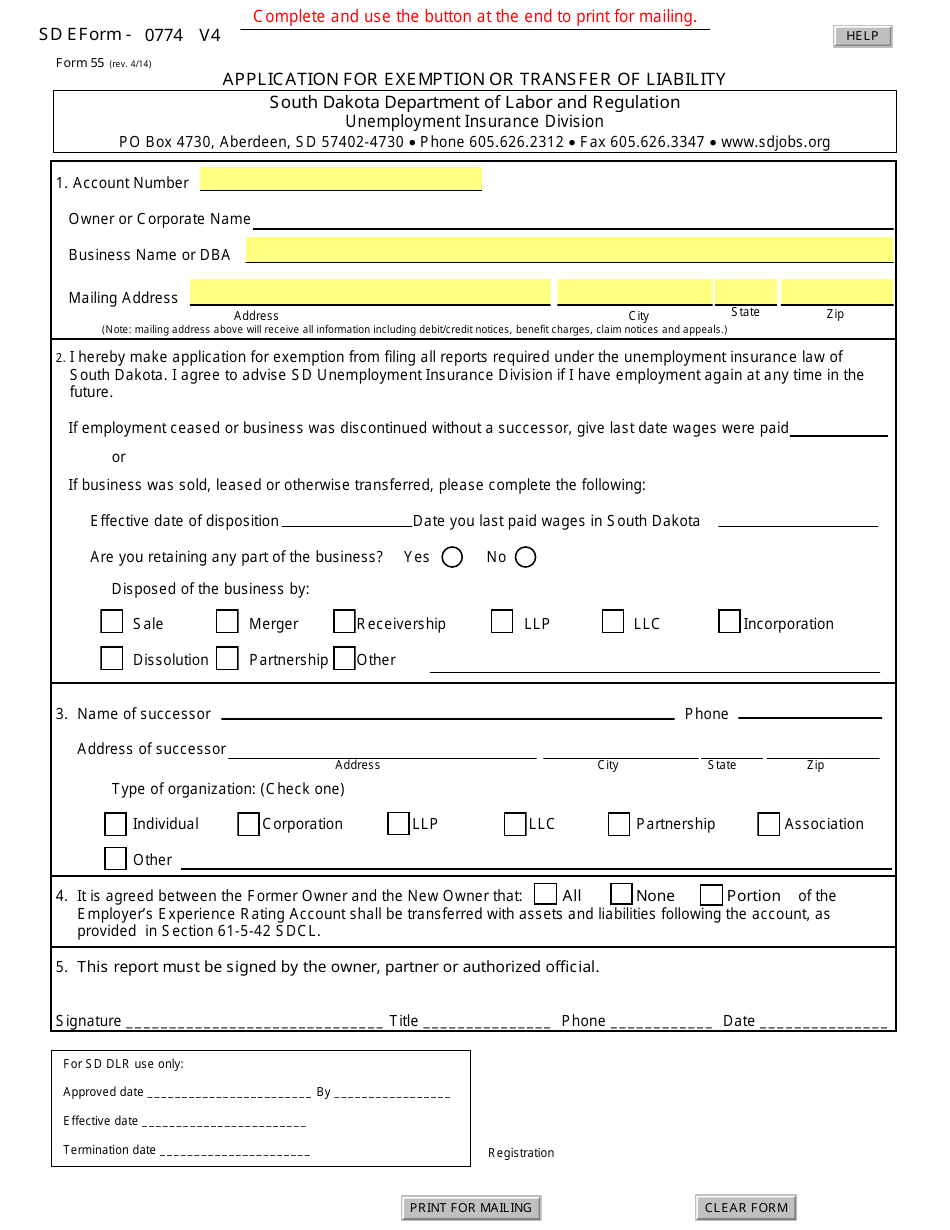 Form DOL-UID-55 Application for Exemption or Transfer of Liability - South Dakota, Page 1