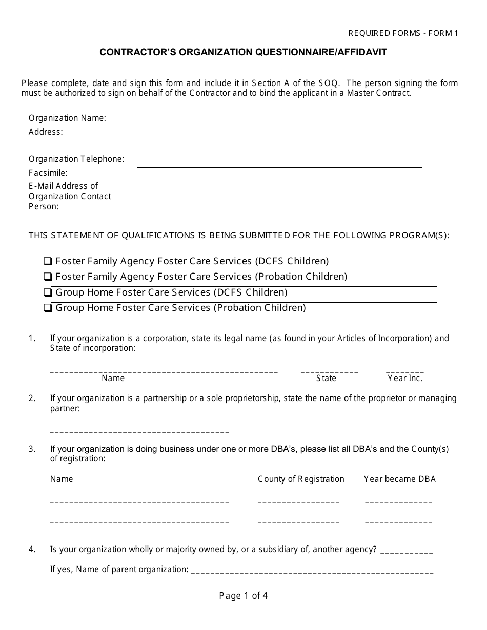 Form 1 Contractor's Organization Questionnaire/Affidavit - Los Angeles County, California, Page 1