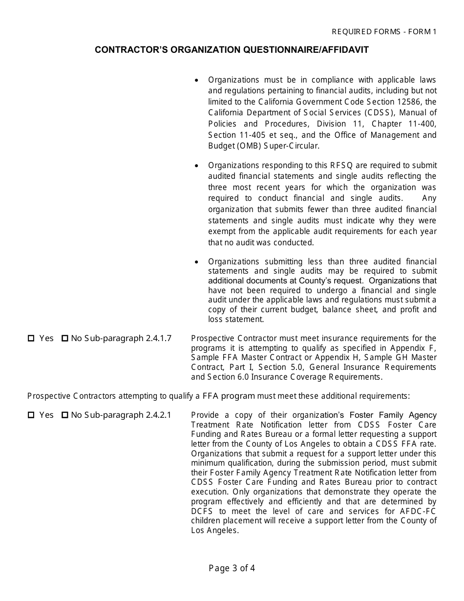 Form 1 Contractors Organization Questionnaire / Affidavit - Los Angeles County, California, Page 3