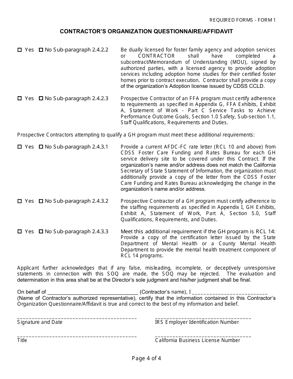 Form 1 Contractors Organization Questionnaire / Affidavit - Los Angeles County, California, Page 4