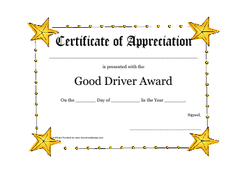 Document preview: Good Driver Award Certificate Template - Gold Stars