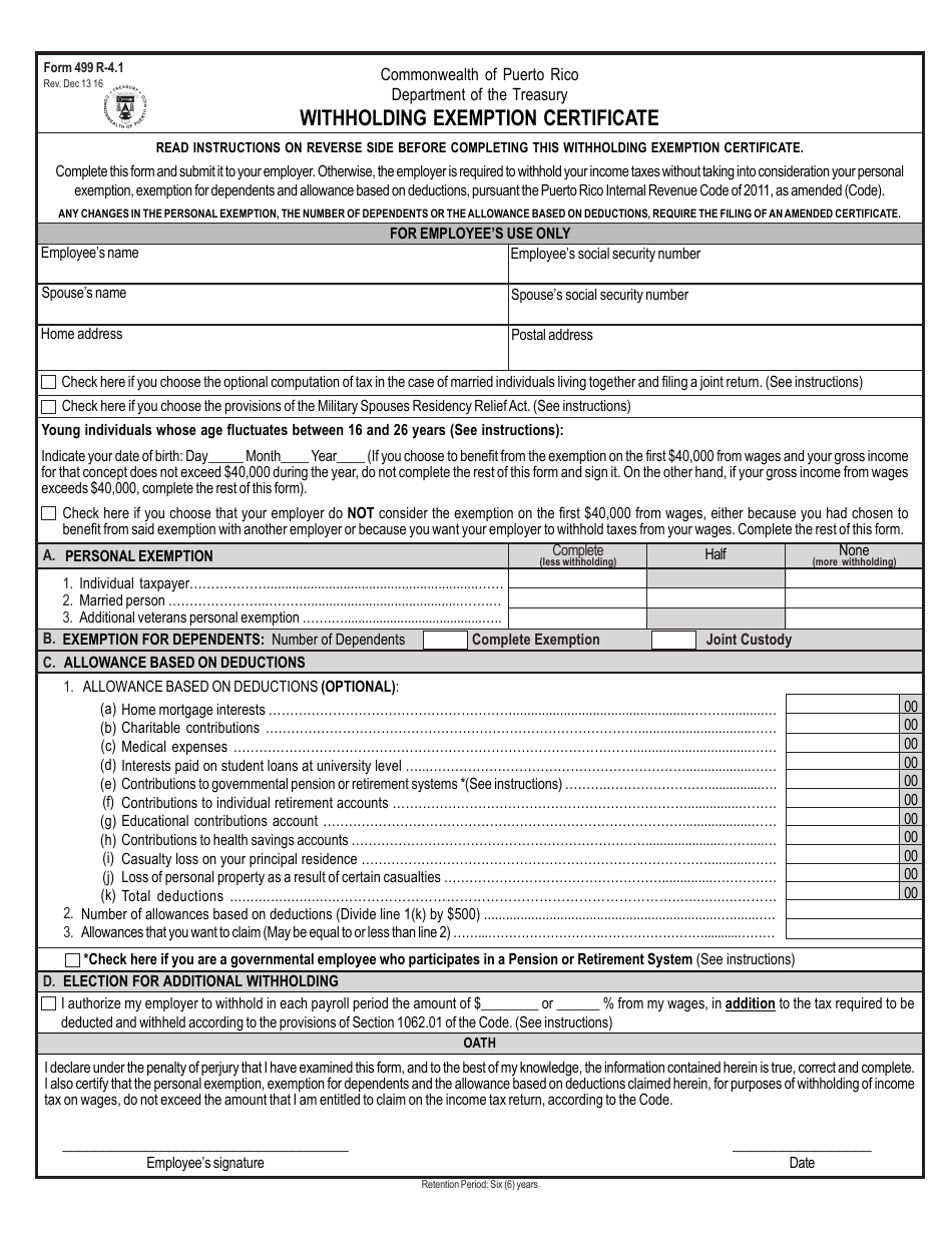 Form 499 r-4.1 Withholding Exemption Certificate - Puerto Rico, Page 1