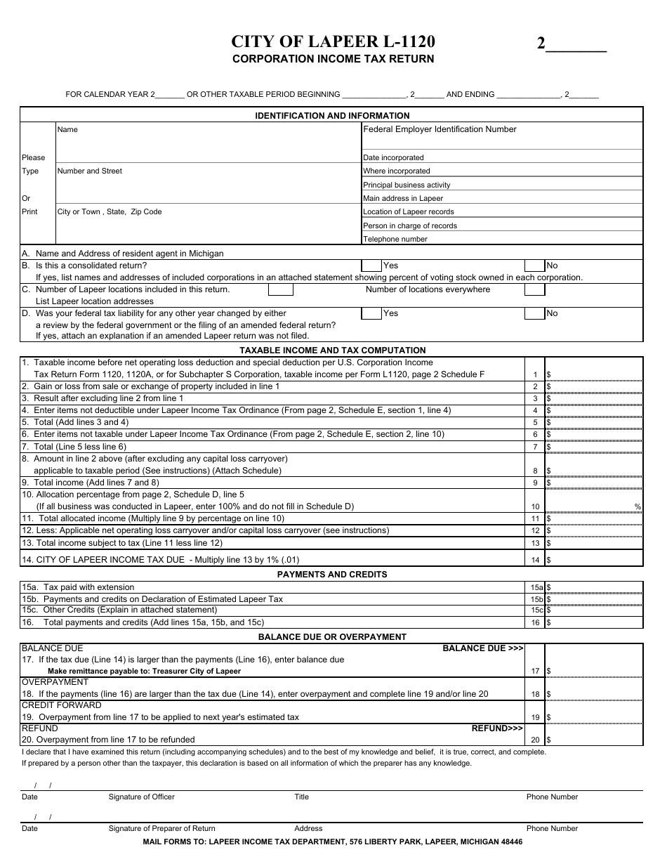 Form L-1120 Corporation Income Tax Return - CITY OF LAPEER, Michigan, Page 1