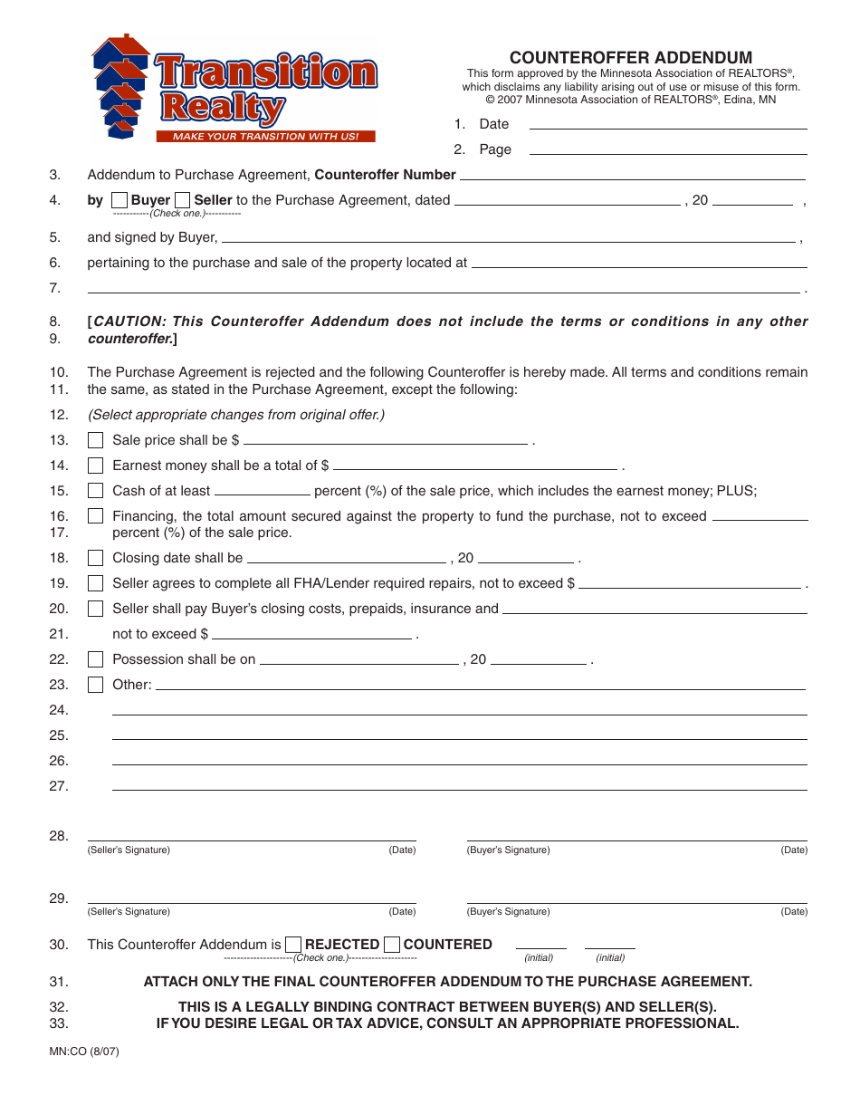 Minnesota Counteroffer Addendum Form Transition Realty Fill Out Minnesota Counteroffer Addendum Form Transition Realty Fill Out