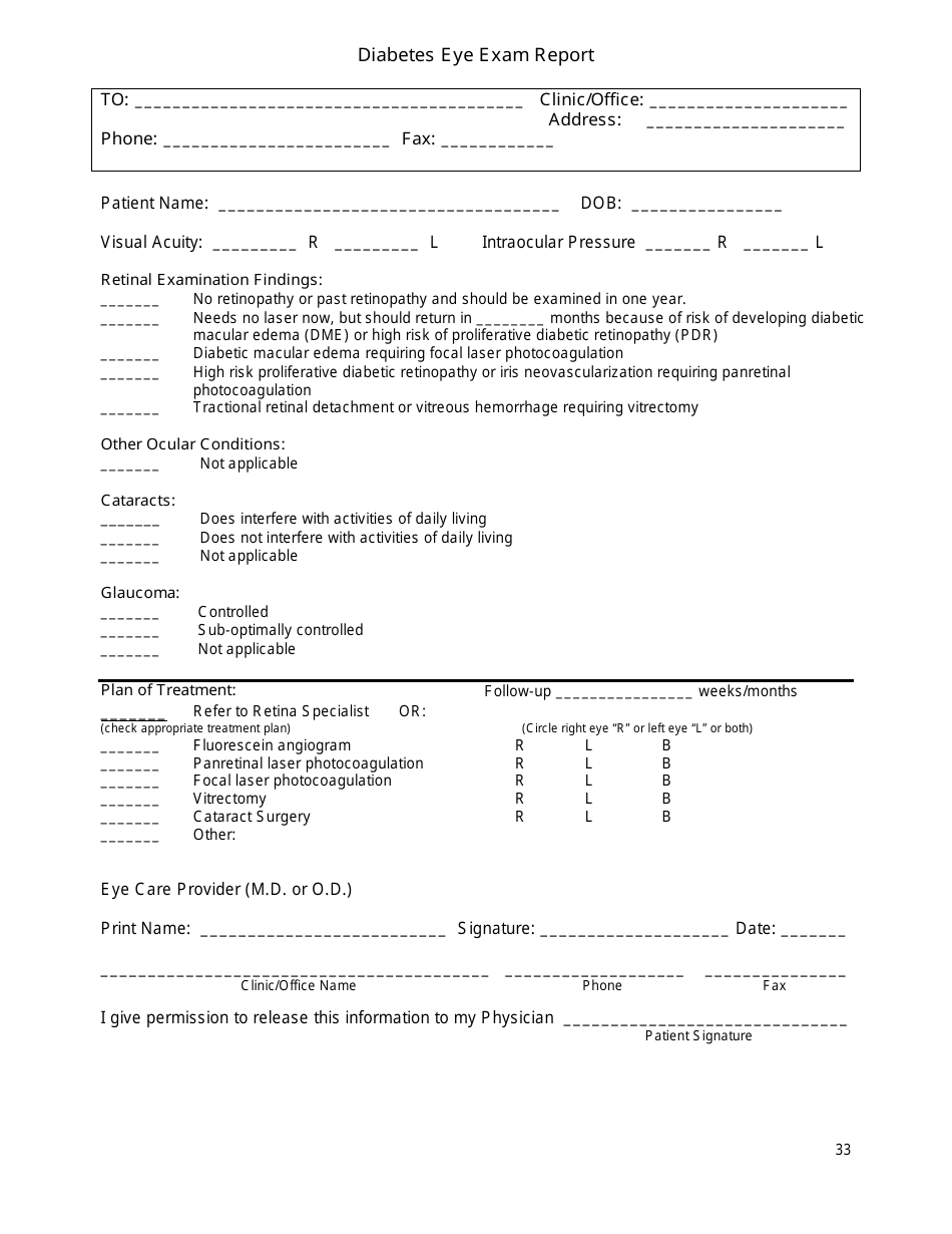 Diabetes Eye Exam Report Form, Page 1