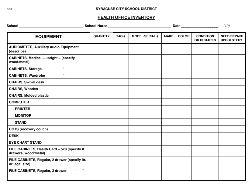 Health Office Inventory Template - Syracuse City School District Download Pdf