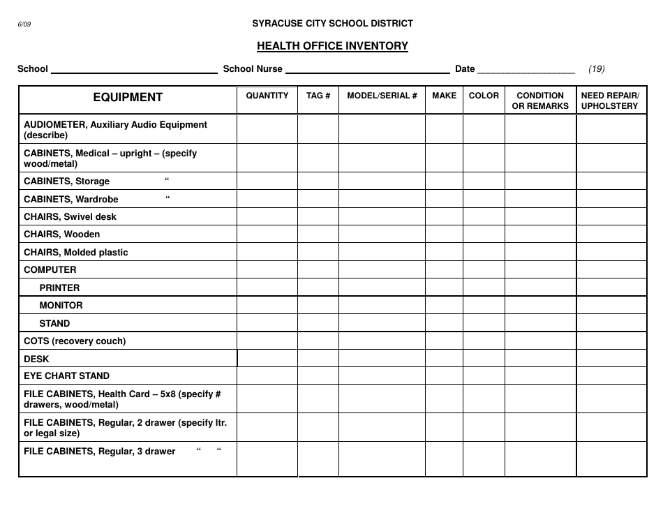 Health Office Inventory Template Syracuse City School District