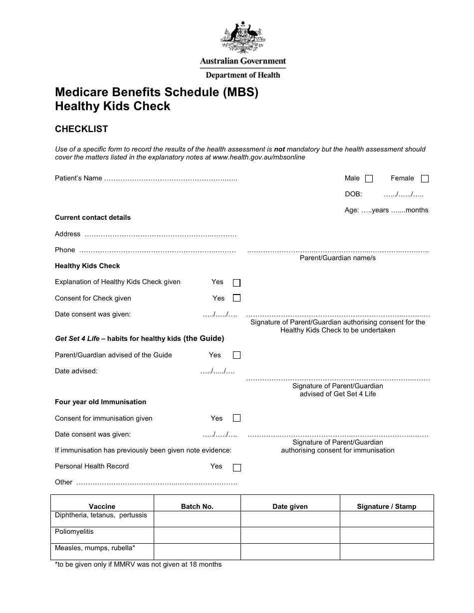 Medicare Benefits Schedule (Mbs) Healthy Kids Check - Australia, Page 1