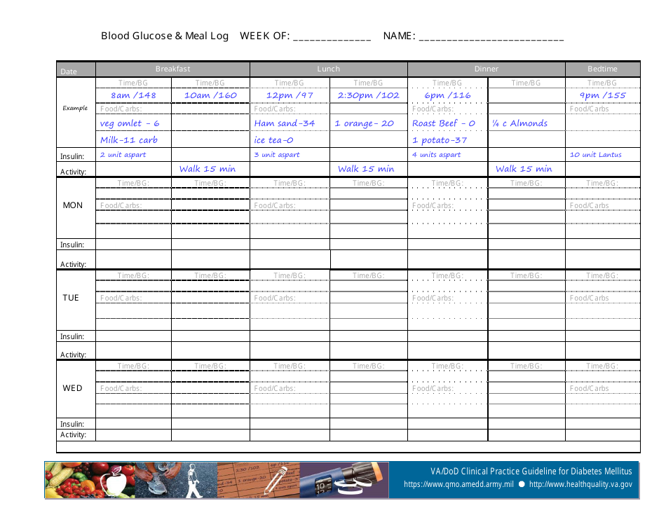 Weekly Blood Glucose & Meal Log Template