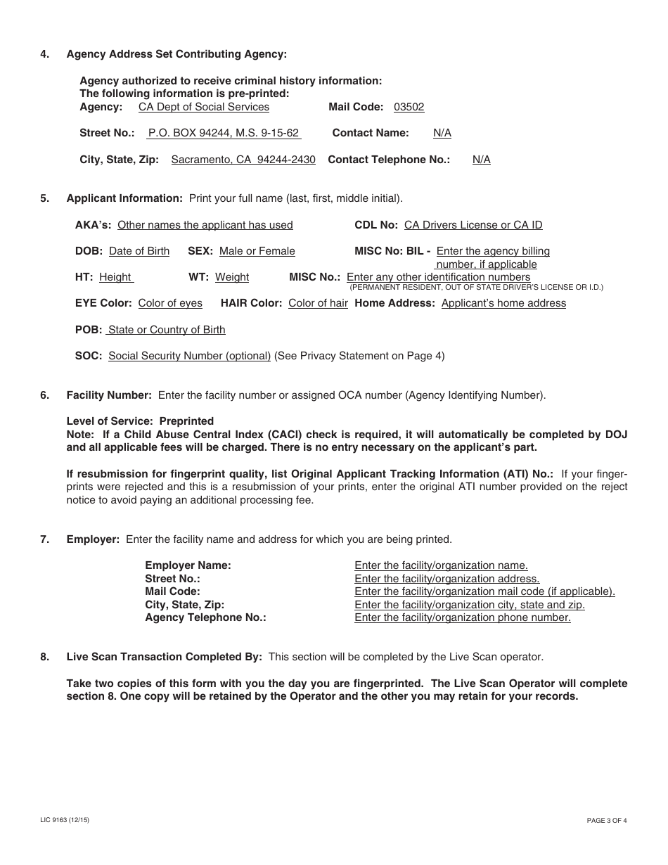 Form LIC9163 Request for Live Scan Service - Community Care Licensing - California, Page 3